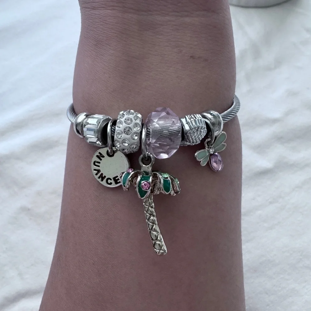 Silver Charm Bracelet with Tree & Crystal and purple Charms